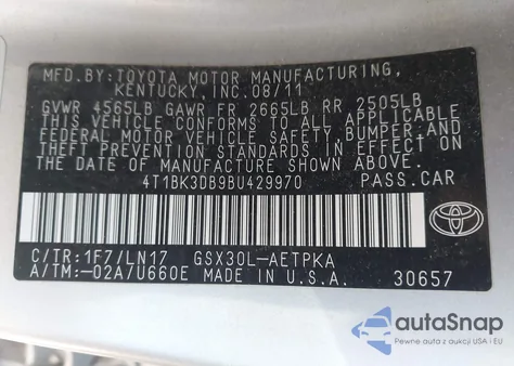 2011 Toyota Avalon Limited from USA, damaged, VIN 4T1BK3DB9BU429970